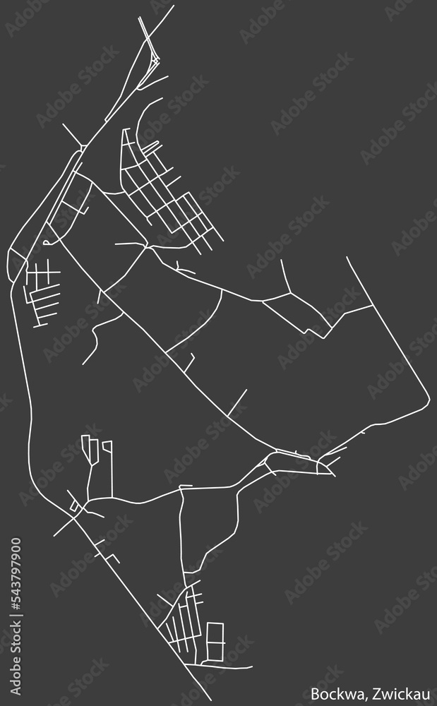 Detailed negative navigation white lines urban street roads map of the BOCKWA DISTRICT of the German regional capital city of Zwickau, Germany on dark gray background