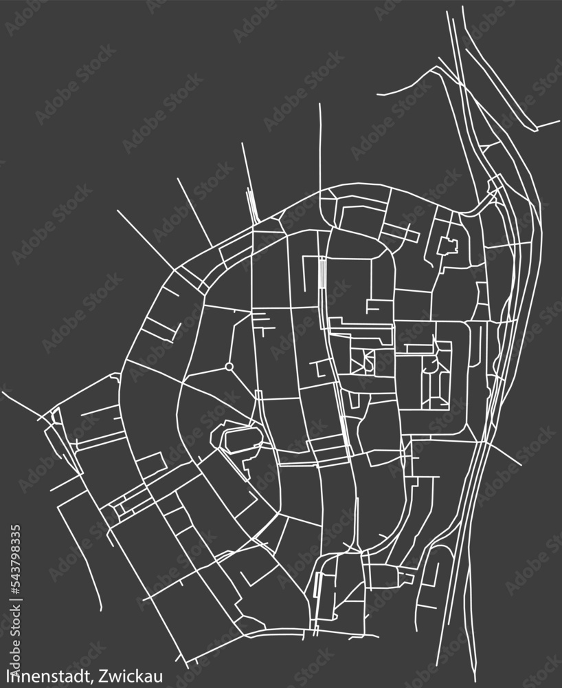 Detailed negative navigation white lines urban street roads map of the INNENSTADT DISTRICT of the German regional capital city of Zwickau, Germany on dark gray background