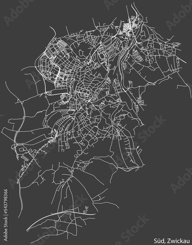 Detailed negative navigation white lines urban street roads map of the SÜD MUNICIPALITY of the German regional capital city of Zwickau, Germany on dark gray background