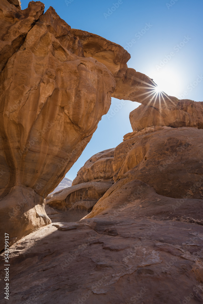 Um Frouth Rock Arch in Wadi Rum, a Natural Bridge in Jordan, also called Jabal Umm Fruth