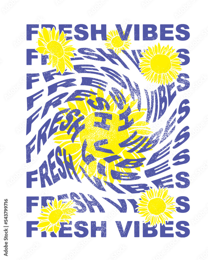 Fresh vibes text with sunflowers, Retro Happy Flower Vector Art Illustration. Smiling Flower Icon Fashion Illustration. Vintage Slogan T shirt Print Design.