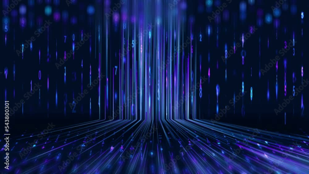Futuristic digital binary information data and streaming binary code in background. Online security 3D seamless loop video network concept with digits coding artificial intelligence.