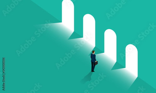 Businessman stands at the door of many opportunities to make choices. The idea of having to decide the path of a company to grow
