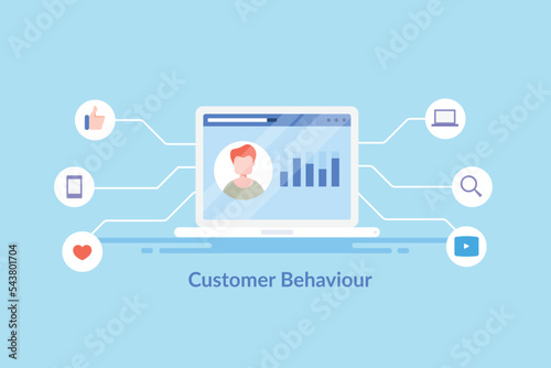 Customer behaviour tracking - collecting data, showing ads and engaging customer for purchase decision illustration.