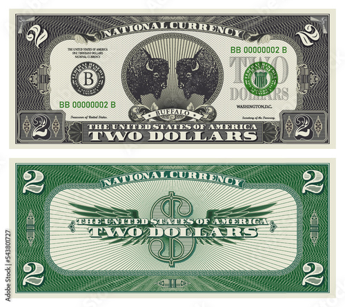 Vector obverse and reverse of a 2 dollars banknote with wings. Game US paper money with a wild buffalo. Green and gray guilloche frame