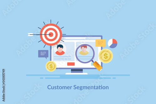 Customer profile analysis and segmentation - targeting right audience data driven marketing increase revenue, illustration.