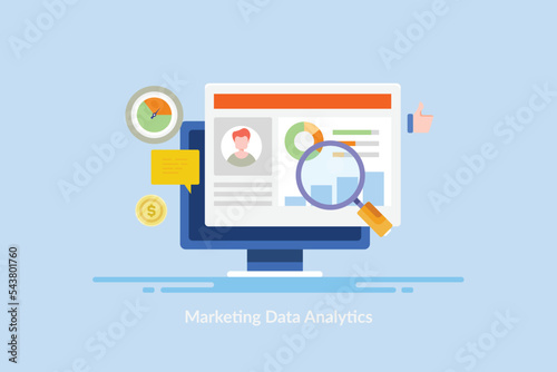 Business analytics shows data driven report, improving marketing performance and customer sales crm solution illustration.