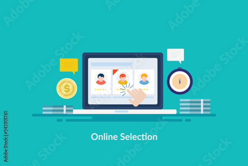 Hand selecting freelancer candidate for new project on internet, business hiring people online, job salary concept.