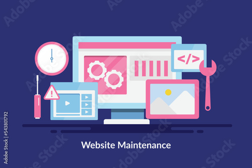 Web development software tool, website management application concept, flat design illustration.