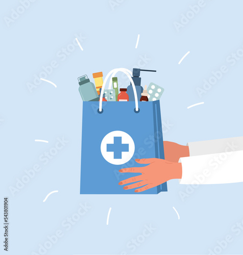 Delivery pharmacy service. Human hand holding paper bag with drugs and pills. Online medicine concept. Vector illustration in flat cartoon style.
