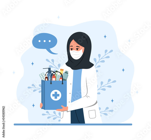 Delivery pharmacy service. Arabian female pharmacist in mask holding paper bag with drugs and pills. Online medicine concept. Vector illustration in flat cartoon style.