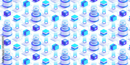 Big data or blockchain technology network with blocks and cubes. Vector isometric futuristic abstract background. Network conveying connectivity, computer storage or farming workstation