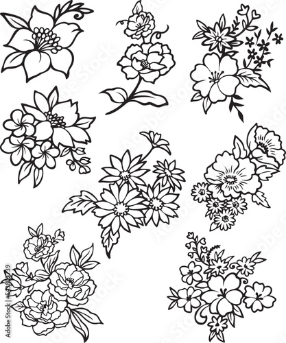 wildflower bundle, botanical bundle, floral, flower, botanical clipart, flower clipart, set of black and white flowers