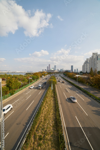 Korean National Assembly and Yeouido cityscape and freeway 