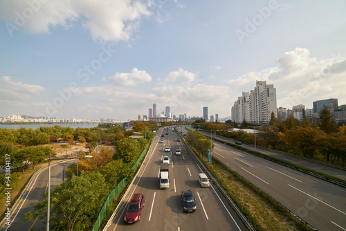 Korean National Assembly and Yeouido cityscape and freeway 