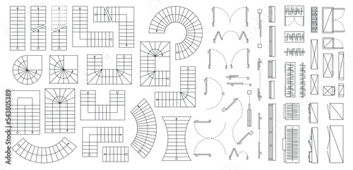 Vector set. Architectural elements for the floor plan. Top view. Stairs, doors, windows, cabinets. View from above.