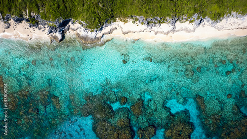 Aerial top view of the atlantic coast of Long Island, Bahamas, Caribbean Sea, with sandy beaches and turquoise sea