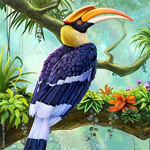 illustration of a hornbill on a tree in the jungle  photo