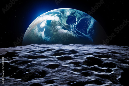 Fototapeta Blue earth view from the moon surface