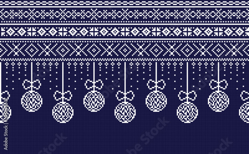 Seamless pixel pattern garland of christmas tree balls and decorations. Winter holiday vector pattern photo