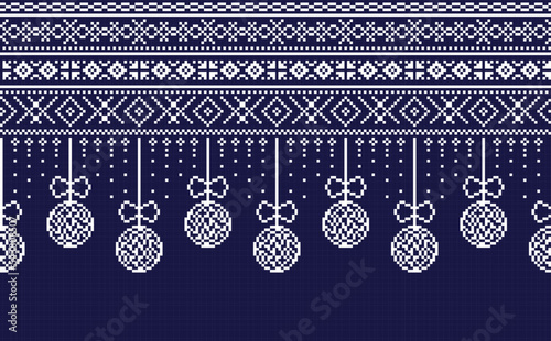Seamless pixel pattern garland of christmas tree balls and decorations. Winter holiday vector pattern