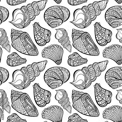Polynesian shell irregular seamless pattern. Zenart conch endless texture. Maori sea random repeat boundless background. Tribal ocean surface design. Chaotic marine ornament for coloring book or flyer photo