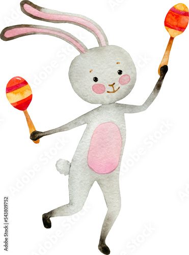 Cute cartoon animal marching band illustration. Watercolor cheerful funny musicians, bear, hare, fox isolated on white. Kids party card, greeting, banner, print, poster