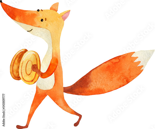 Cute cartoon animal marching band illustration. Watercolor cheerful funny musicians, bear, hare, fox isolated on white. Kids party card, greeting, banner, print, poster