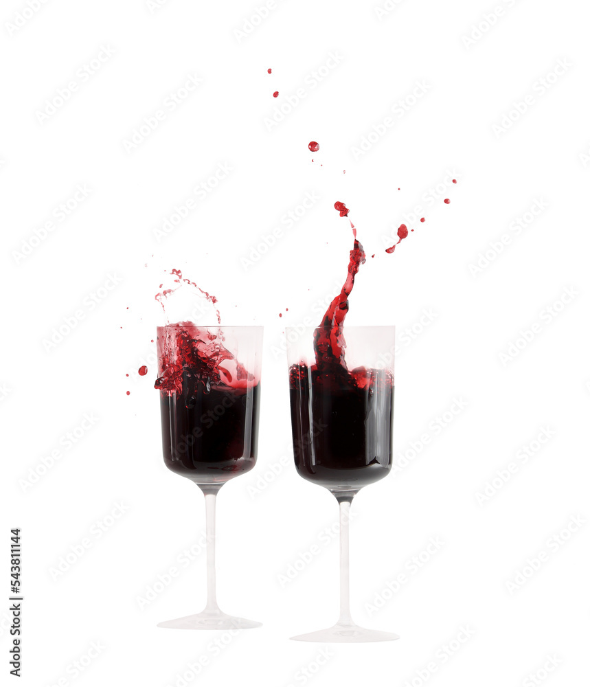 Isolated with two red wine glasses with splashing  - obrazy, fototapety, plakaty 