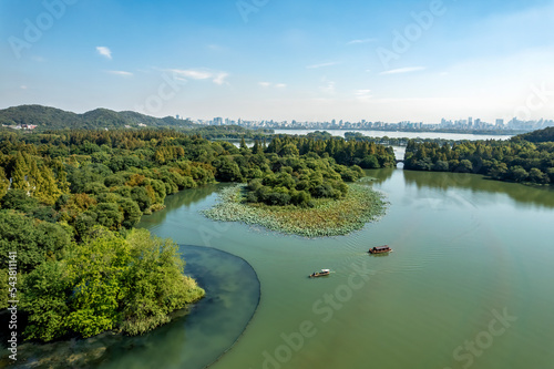 Aerial photography of Chinese garden landscape of West Lake in Hangzhou, China