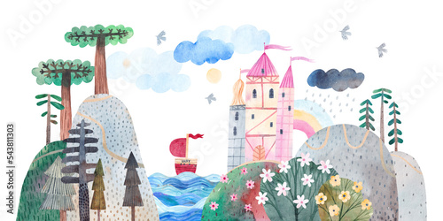 Fantastic landscape with sea  cute hills  beautiful old castle and big trees. Watercolor illustration. Horizontal border.