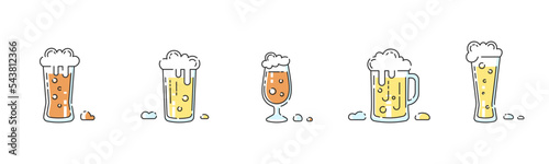 Beer icons collection. Set of 5 different glasses with light and dark beers. Colorful modern sign and labels for pubs, bars and wen design. 