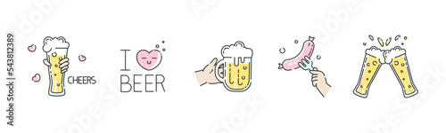 Vector beer and party icons Love beer sign with hearts, i love beer sticker, mug of beer, sausage on a fork, party cheers. Modern colorful and cute flat design set.