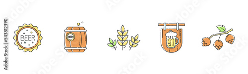 Vector beer and brewery icons. Beer can, barrel, wheat seed, pub signboard, hop cones. Modern colorful and cute flat design set.