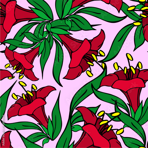 seamless asymmetric graphic pattern of red flowers on a pink background, texter, design