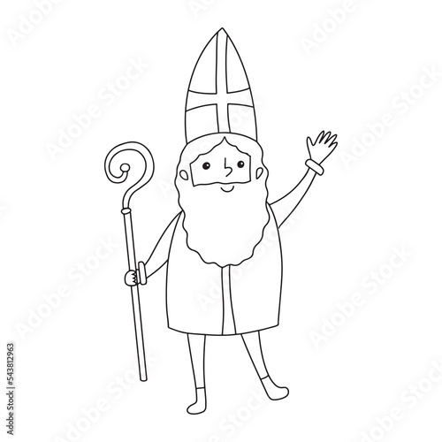 Saint Nicholas sketch doodle cute cartoon character Sinterklaas vector illustration isolated on white background. Coloring page, contour line outline drawing of st Nicholas