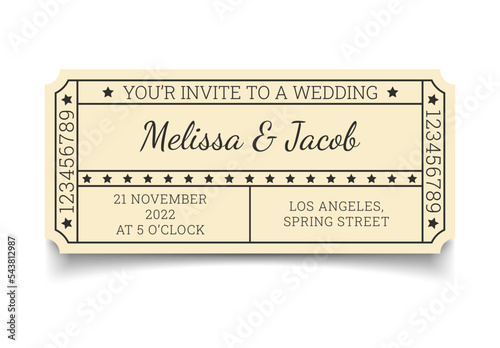 Vector ticket wedding invitation. Card invite design, marriage greeting illustration