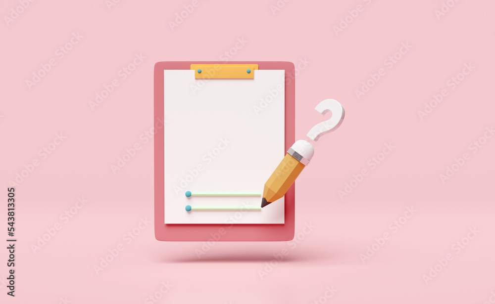 3d question mark pencil symbol icon with clipboard, checklist paper  isolated on pink. FAQ or frequently asked questions, write the problem on  the board concept, 3d render illustration, clipping path Illustration Stock