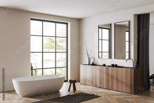 Corner view on bright bathroom interior with bathtub  double sink