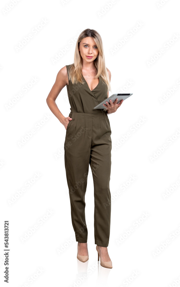 Businesswoman with tablet in hand, isolated over white background Businesswoman with tablet in hand, isolated over white background