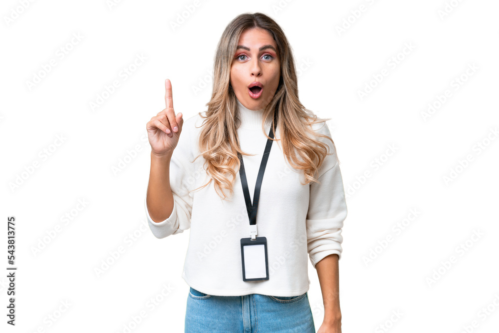 Young Uruguayan woman with ID card over isolated background intending to realizes the solution while lifting a finger up Young Uruguayan woman with ID card over isolated background intending to realizes the solution while lifting a finger up