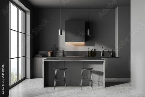 Grey kitchen interior with bar countertop  kitchenware and panoramic window