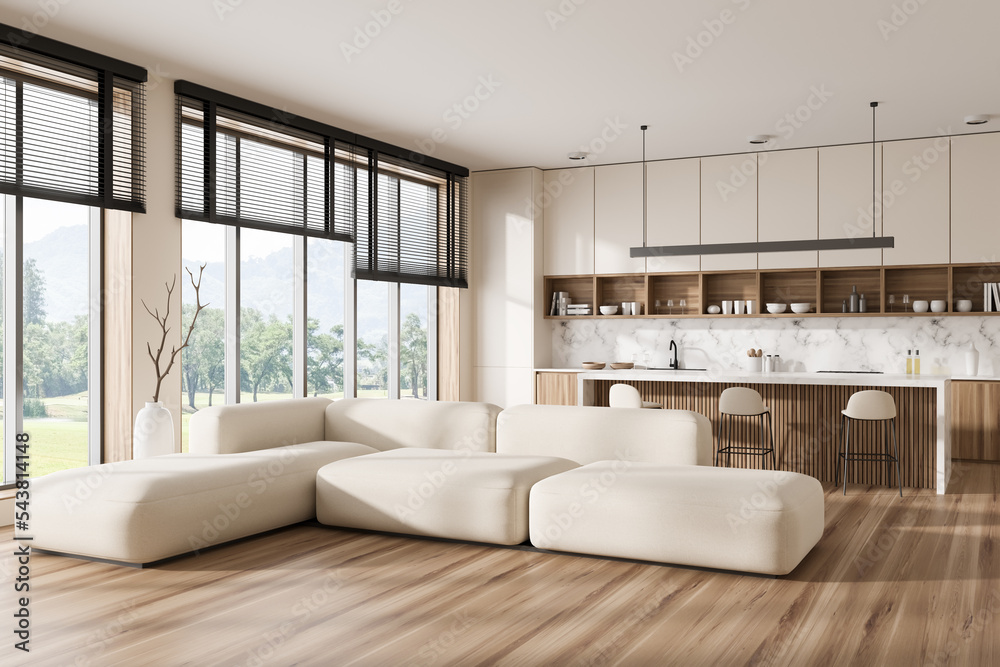 Light studio interior with chill and cooking corner with panoramic window Light studio interior with chill and cooking corner with panoramic window