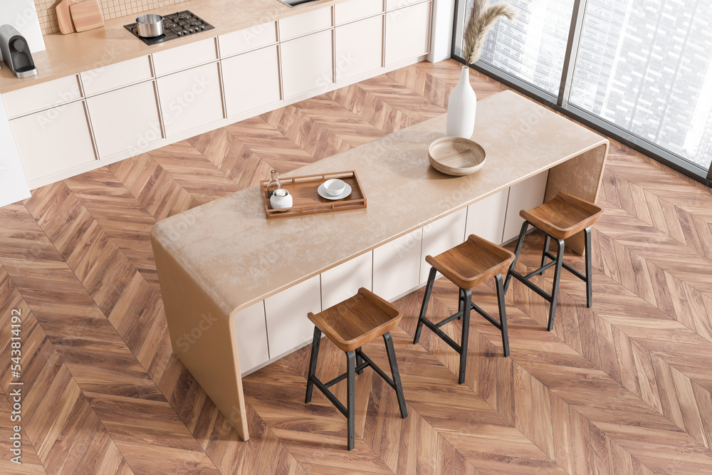 Top view on bright kitchen room interior with cupboard Top view on bright kitchen room interior with cupboard