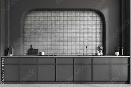 Print op canvas Front view on dark kitchen room interior with grey wall