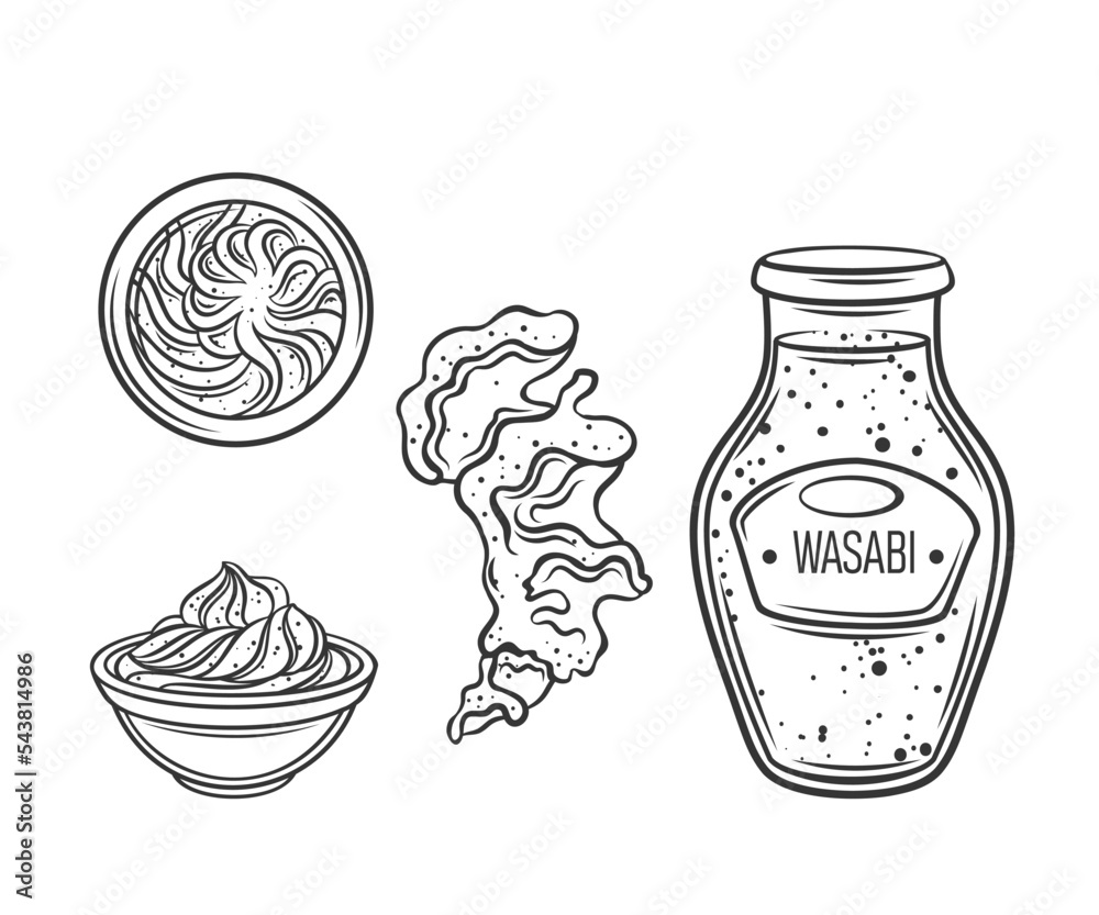 Wasabi sauce outline icons set vector illustration. Line hand drawing splash of fresh spicy dip