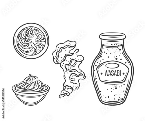 Wasabi sauce outline icons set vector illustration. Line hand drawing splash of fresh spicy dip from root of Japanese horseradish, paste bottle, side and top view of bowl saucers with wasabi