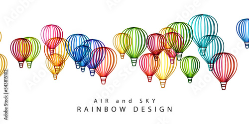 Rainbow air balloons composition. Colorful abstract vector background. Horizontal border for travel, adventure, holiday or festival conceptual design.