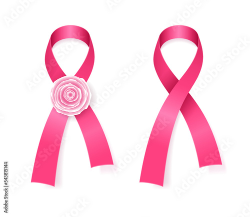 Realistic pink ribbons, breast cancer awareness symbol.