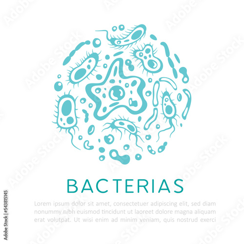 Bacterias, viruses and different kind of microorganisms. Vector banner.